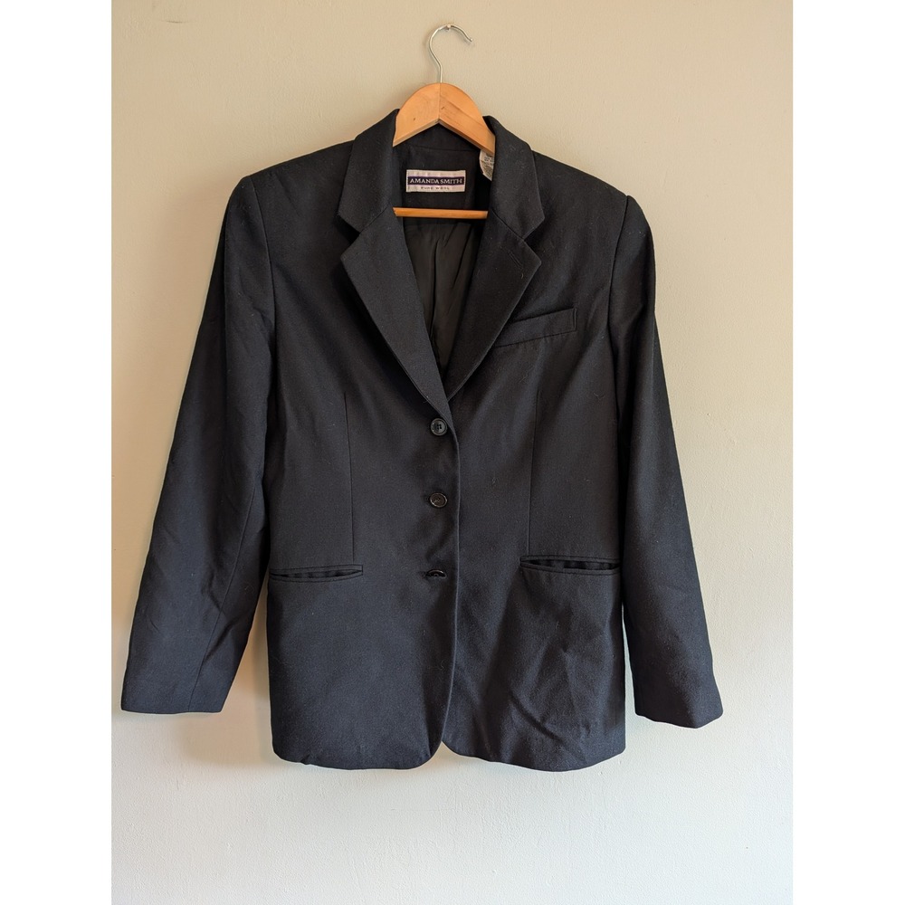 Vtg 90s Amanda Smith Black Wool Blazer Jacket Womens 14 3-Button Career Coat
